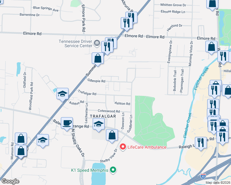 map of restaurants, bars, coffee shops, grocery stores, and more near 2121 Nathaniel Circle East in Memphis