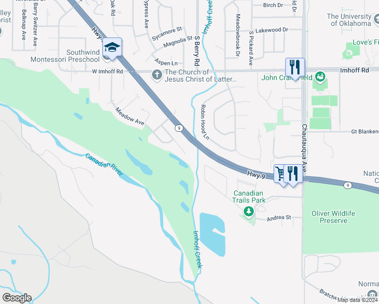 map of restaurants, bars, coffee shops, grocery stores, and more near 3231 Conestoga Drive in Norman