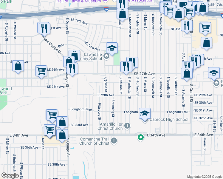 map of restaurants, bars, coffee shops, grocery stores, and more near 2808 Browning Street in Amarillo