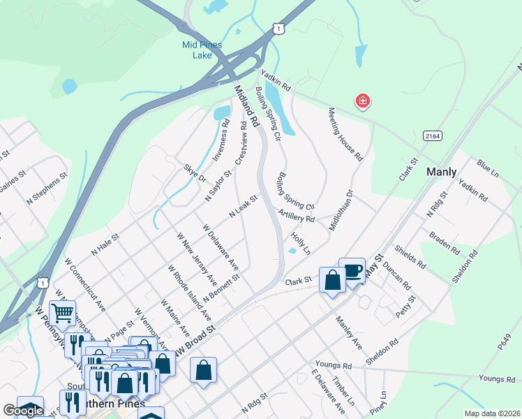 map of restaurants, bars, coffee shops, grocery stores, and more near 290 Midland Road in Southern Pines