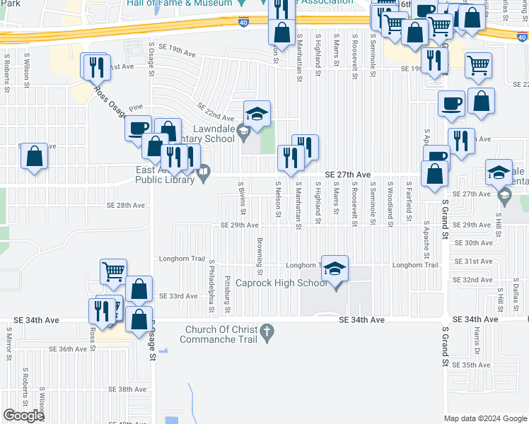 map of restaurants, bars, coffee shops, grocery stores, and more near 2809 Browning Street in Amarillo