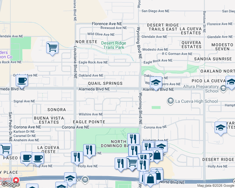 map of restaurants, bars, coffee shops, grocery stores, and more near 7305 Via Contenta Northeast in Albuquerque