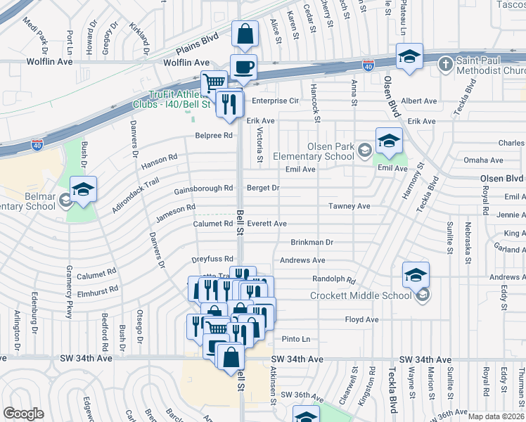 map of restaurants, bars, coffee shops, grocery stores, and more near 5709 Tawney Avenue in Amarillo