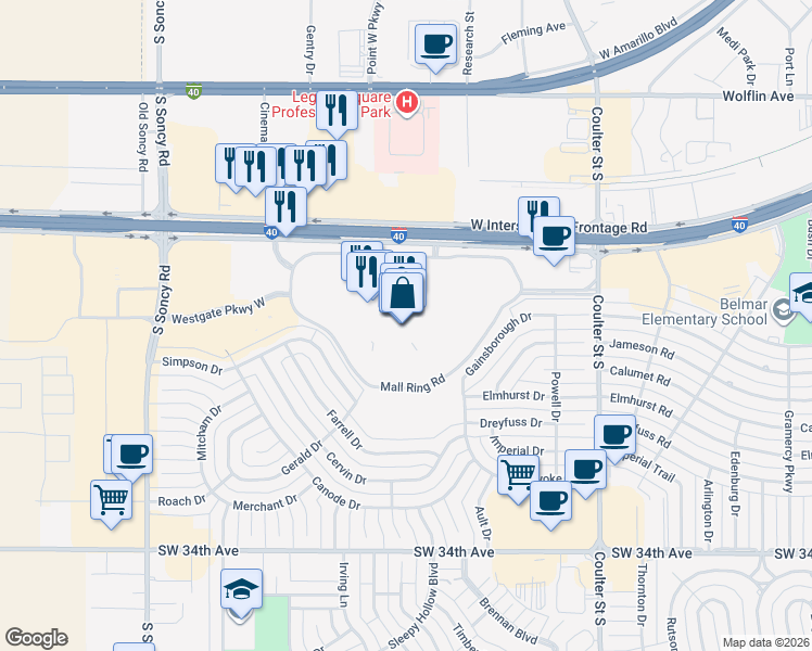 map of restaurants, bars, coffee shops, grocery stores, and more near 2 Interstate 40 in Amarillo