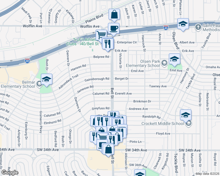 map of restaurants, bars, coffee shops, grocery stores, and more near 6001 Jameson Rd in Amarillo