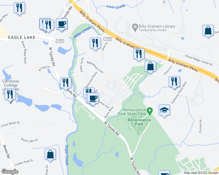 map of restaurants, bars, coffee shops, grocery stores, and more near 2210 Arbor Loop Drive in Charlotte
