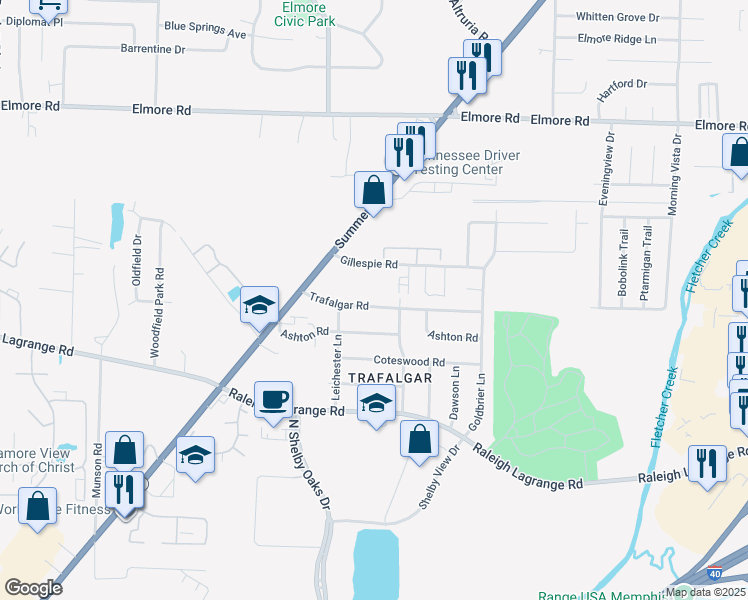 map of restaurants, bars, coffee shops, grocery stores, and more near 6308 Trafalgar Road in Memphis