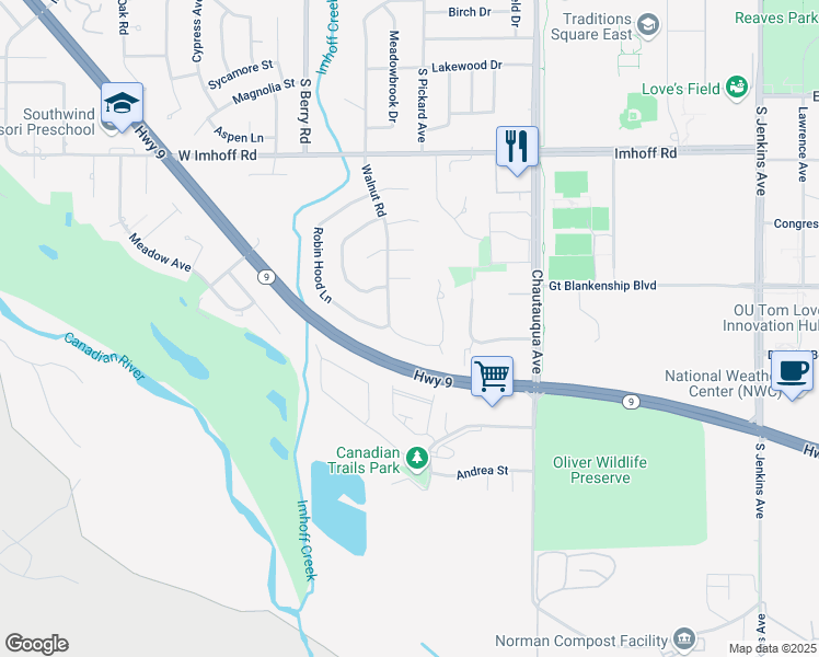 map of restaurants, bars, coffee shops, grocery stores, and more near 3127 Walnut Road in Norman
