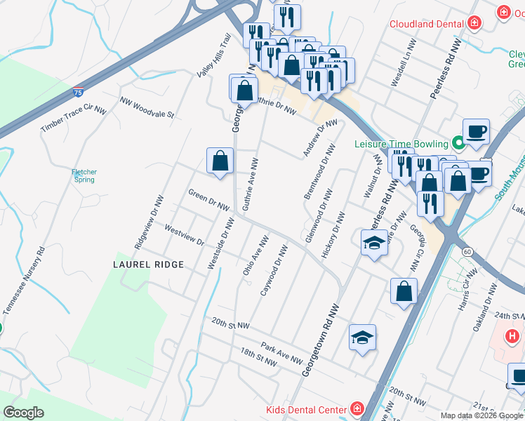 map of restaurants, bars, coffee shops, grocery stores, and more near 2324 Georgetown Road Northwest in Cleveland