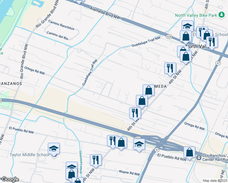 map of restaurants, bars, coffee shops, grocery stores, and more near 8912 8th Street in Albuquerque