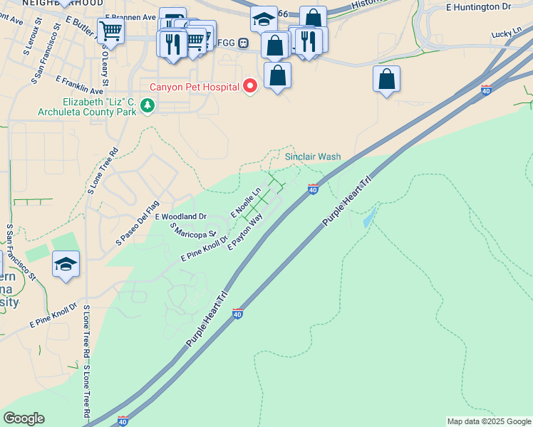 map of restaurants, bars, coffee shops, grocery stores, and more near 1471 East Payton Way in Flagstaff