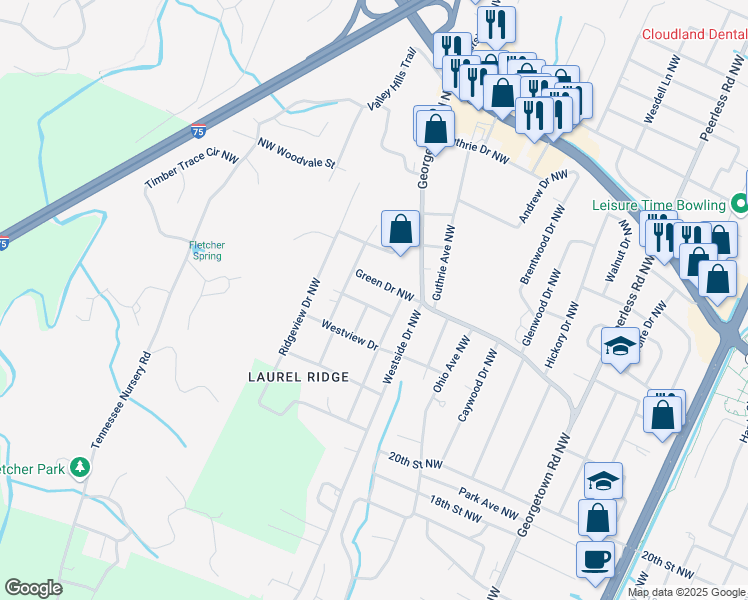 map of restaurants, bars, coffee shops, grocery stores, and more near 1845 Green Drive Northwest in Cleveland