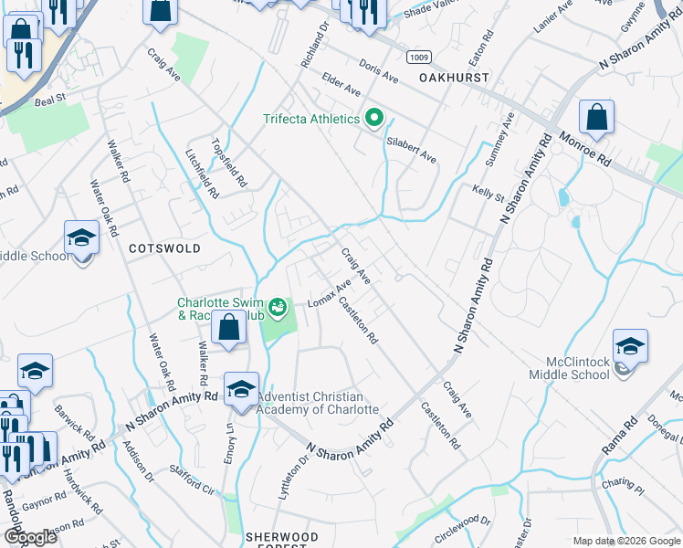 map of restaurants, bars, coffee shops, grocery stores, and more near 4119 Castleton Road in Charlotte