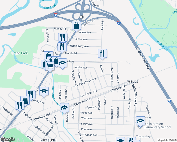 map of restaurants, bars, coffee shops, grocery stores, and more near 1911 Sierra Street in Memphis