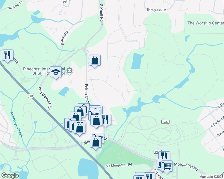 map of restaurants, bars, coffee shops, grocery stores, and more near 213 Plantation Drive in Southern Pines