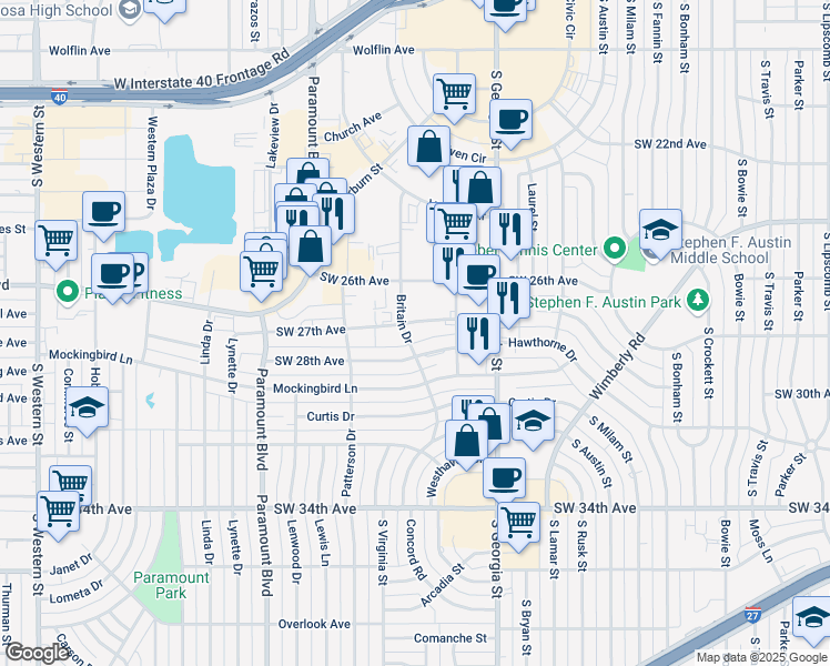 map of restaurants, bars, coffee shops, grocery stores, and more near 2815 Southwest 27th Avenue in Amarillo