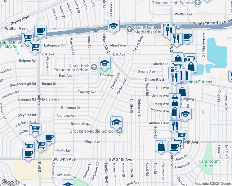 map of restaurants, bars, coffee shops, grocery stores, and more near 2611 Harmony Street in Amarillo