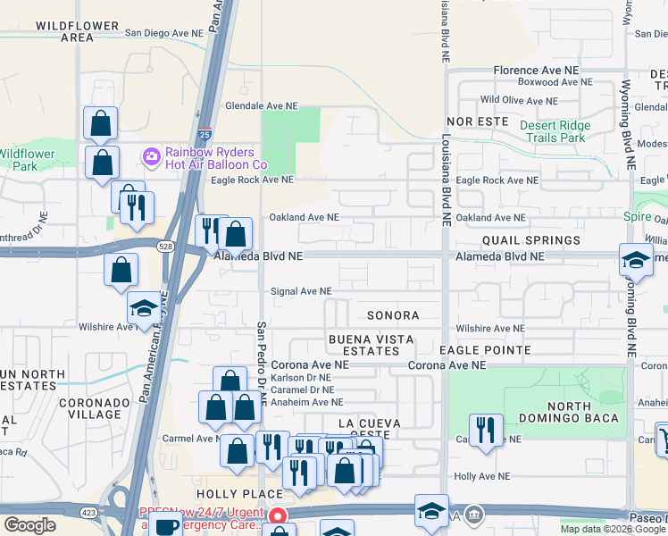 map of restaurants, bars, coffee shops, grocery stores, and more near 6305 Alpenglow Trail Northeast in Albuquerque