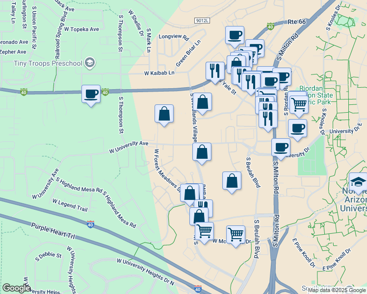 map of restaurants, bars, coffee shops, grocery stores, and more near 1959 West University Avenue in Flagstaff