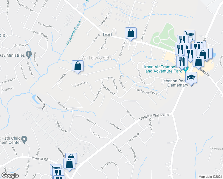 map of restaurants, bars, coffee shops, grocery stores, and more near 8505 Milton Morris Drive in Charlotte