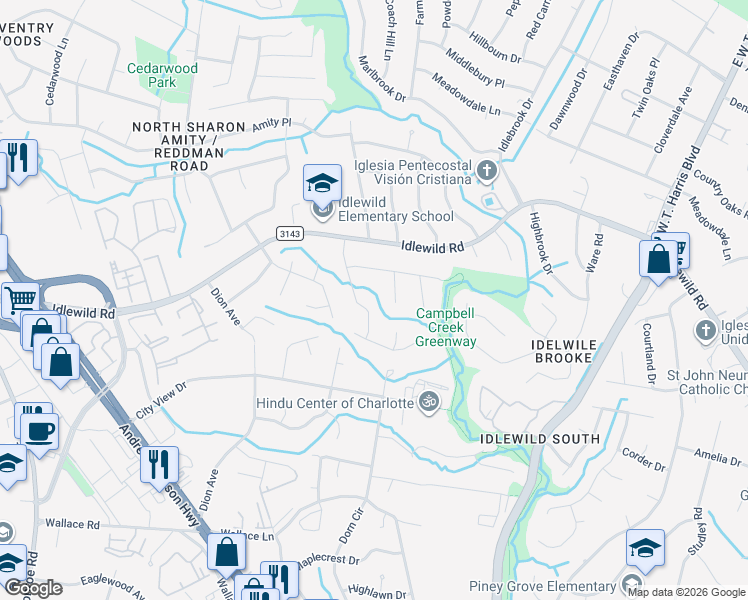 map of restaurants, bars, coffee shops, grocery stores, and more near 2724 Flintridge Drive in Charlotte