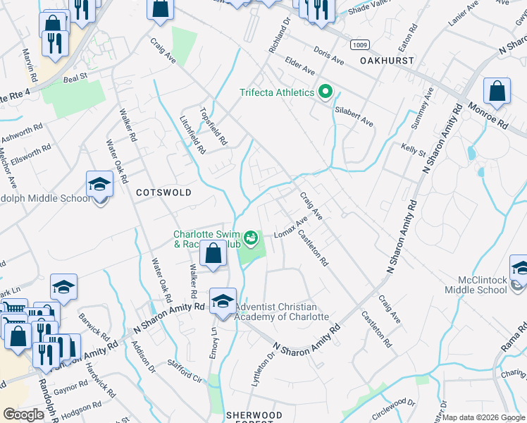 map of restaurants, bars, coffee shops, grocery stores, and more near in Charlotte