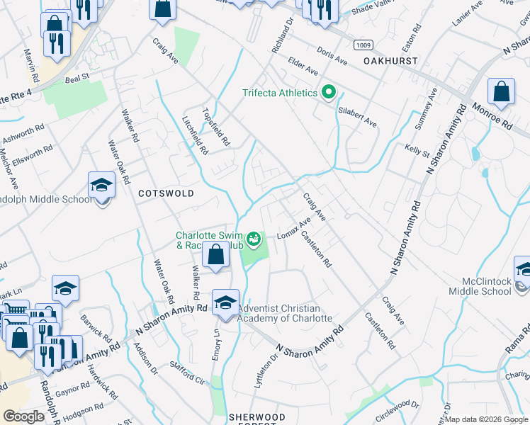 map of restaurants, bars, coffee shops, grocery stores, and more near in Charlotte