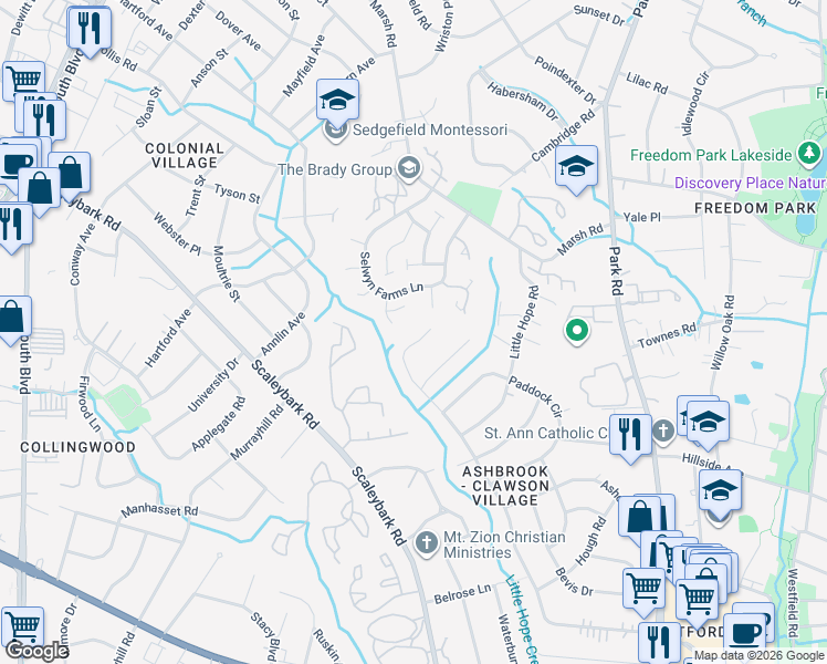 map of restaurants, bars, coffee shops, grocery stores, and more near 508 Heather Lane in Charlotte