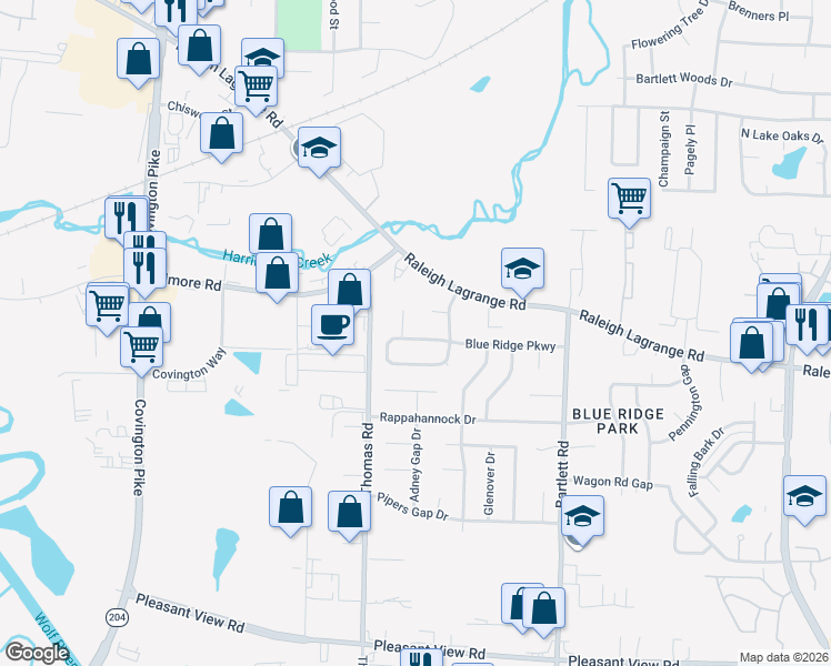 map of restaurants, bars, coffee shops, grocery stores, and more near 5326 Blue Ridge Parkway in Memphis