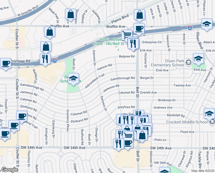 map of restaurants, bars, coffee shops, grocery stores, and more near 6110 Jameson Road in Amarillo