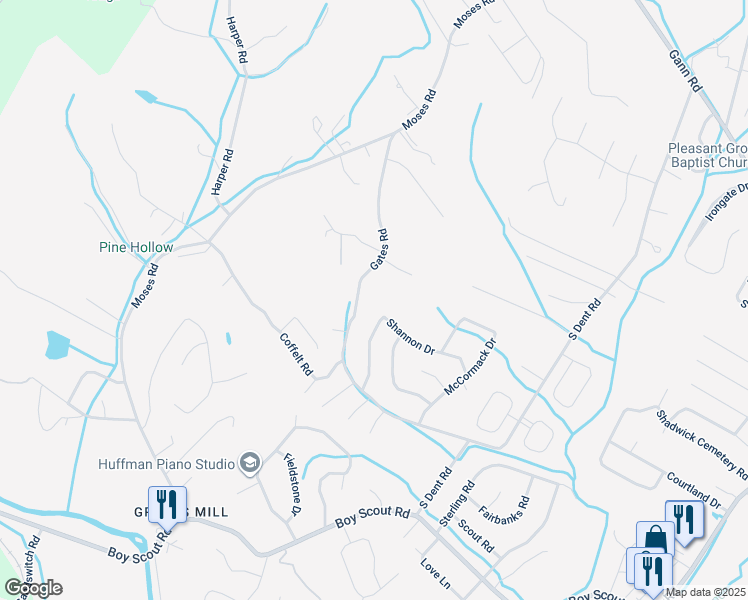 map of restaurants, bars, coffee shops, grocery stores, and more near 425 Shannon Drive in Hixson