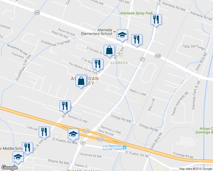 map of restaurants, bars, coffee shops, grocery stores, and more near 8909 Cielito Lindo Court Northwest in Albuquerque