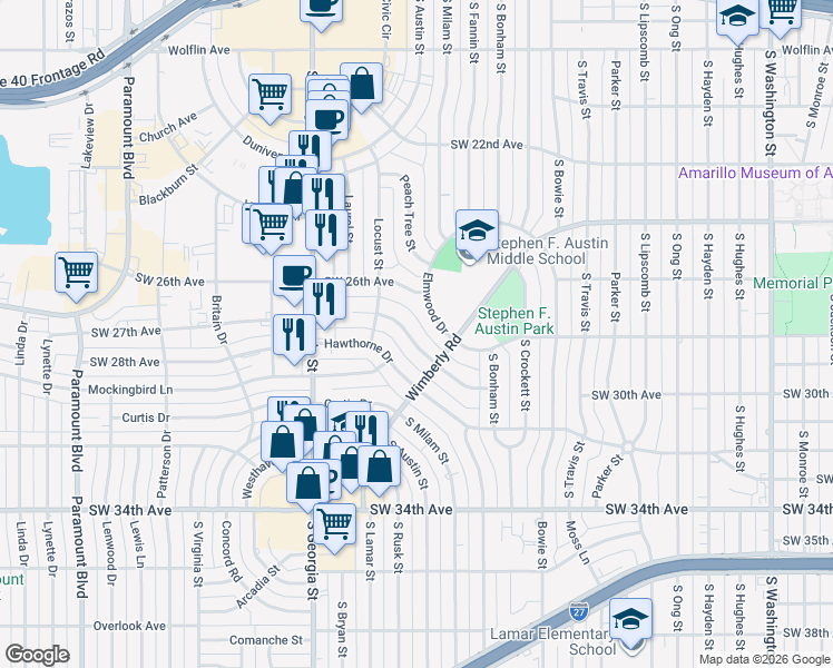 map of restaurants, bars, coffee shops, grocery stores, and more near 2408 Juniper Drive in Amarillo