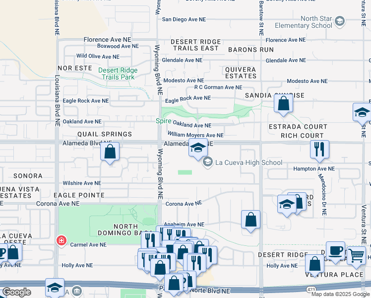 map of restaurants, bars, coffee shops, grocery stores, and more near 7801 Wilshire Avenue Northeast in Albuquerque