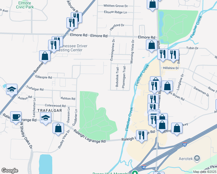 map of restaurants, bars, coffee shops, grocery stores, and more near 2141 Eveningview Drive in Memphis