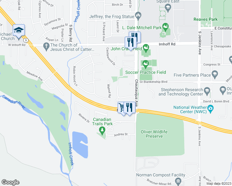 map of restaurants, bars, coffee shops, grocery stores, and more near 3210 Ridgecrest Court in Norman