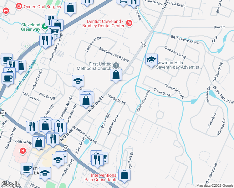map of restaurants, bars, coffee shops, grocery stores, and more near 115 Weeks Drive Northeast in Cleveland