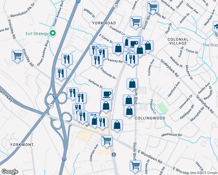 map of restaurants, bars, coffee shops, grocery stores, and more near 112 Verbena Street in Charlotte