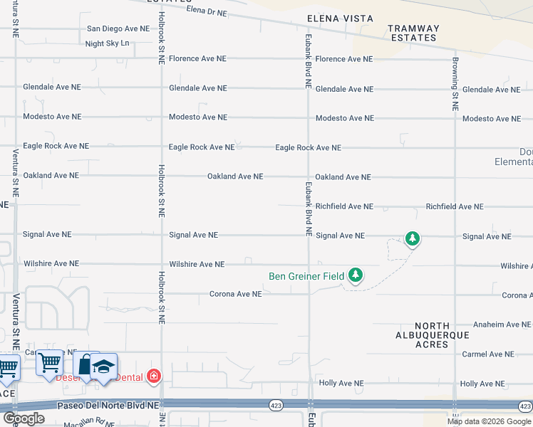 map of restaurants, bars, coffee shops, grocery stores, and more near 10120 Alameda Boulevard Northeast in Albuquerque