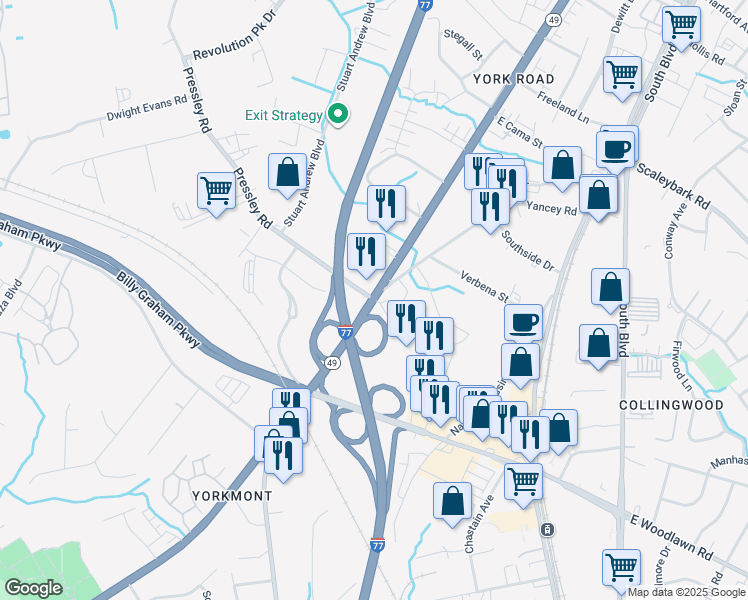 map of restaurants, bars, coffee shops, grocery stores, and more near S Tryon St & Pressley Rd in Charlotte