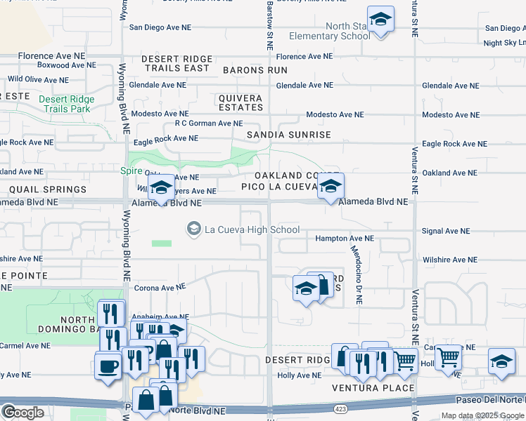 map of restaurants, bars, coffee shops, grocery stores, and more near 8740 Tierra Montana Place Northeast in Albuquerque