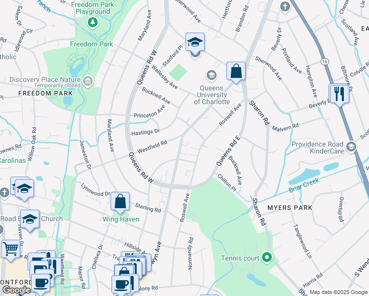 map of restaurants, bars, coffee shops, grocery stores, and more near 2243 Selwyn Avenue in Charlotte