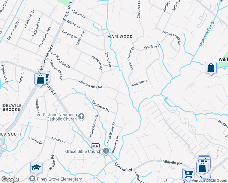 map of restaurants, bars, coffee shops, grocery stores, and more near 8630 Mission Hills Road in Charlotte