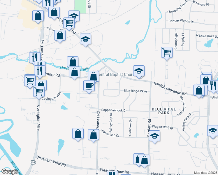 map of restaurants, bars, coffee shops, grocery stores, and more near 2144 Blueridge Cove in Memphis