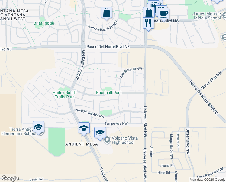 map of restaurants, bars, coffee shops, grocery stores, and more near 6919 Tree Line Avenue Northwest in Albuquerque