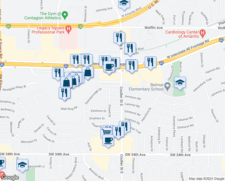 map of restaurants, bars, coffee shops, grocery stores, and more near 7309 Gainsborough Road in Amarillo