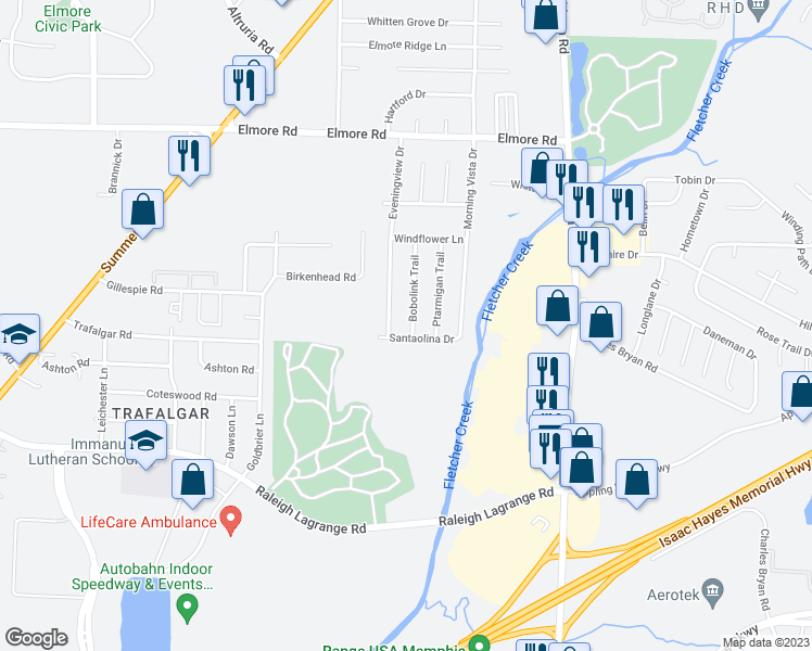 map of restaurants, bars, coffee shops, grocery stores, and more near 2145 Bobolink Trail in Memphis