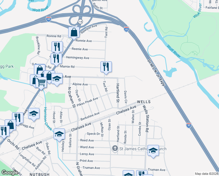 map of restaurants, bars, coffee shops, grocery stores, and more near 4161 Tant Cove in Memphis
