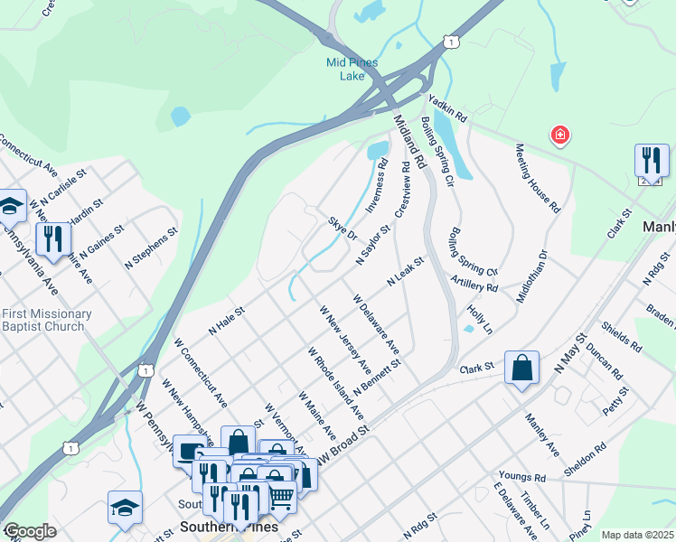 map of restaurants, bars, coffee shops, grocery stores, and more near 17 Villagewood Circle in Southern Pines