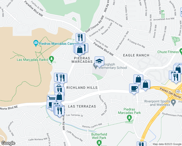 map of restaurants, bars, coffee shops, grocery stores, and more near 8700 Oakcrest Place Northwest in Albuquerque